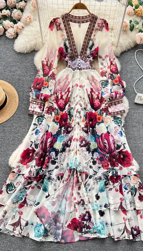 Bohemian Dress, Flower Chiffon Ruffles Dress, Deep V Neck Long Sleeve Floral Print Boho Dress Budget-friendly floral dresses