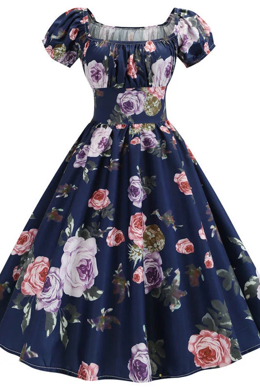 Dark Navy A-Line Print Swing Dresses Versatile floral dresses for all occasions