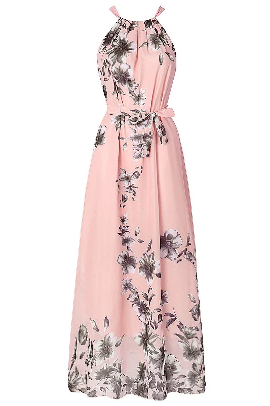 Long Pink Print Sleeveless Prom Gown Evening Dress Best floral dresses for tall women