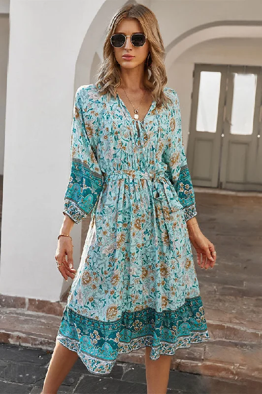 Long Sleeve Mid Length Floral Dress Retro floral dresses