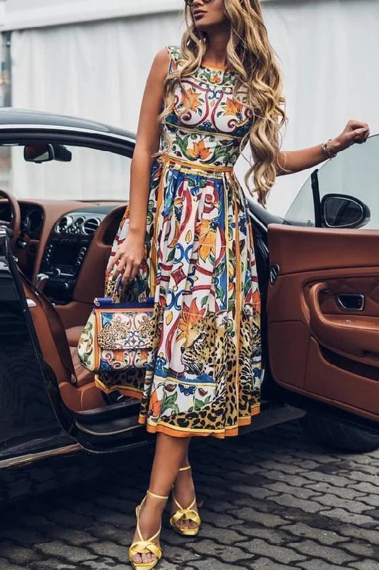 Mid A-Line Printed Sleeveless Dress Floral dresses under $50