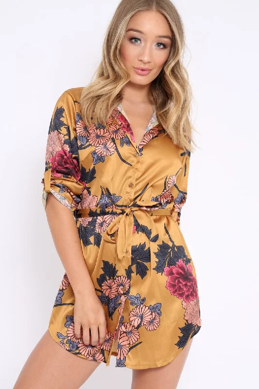 Mustard Floral Satin Shirt Tie Dress - Sophina Cute floral print summer dresses