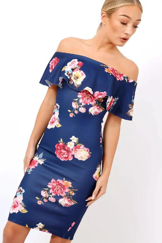 Navy Floral Bardot dress - Martina Best floral dresses for elegant looks