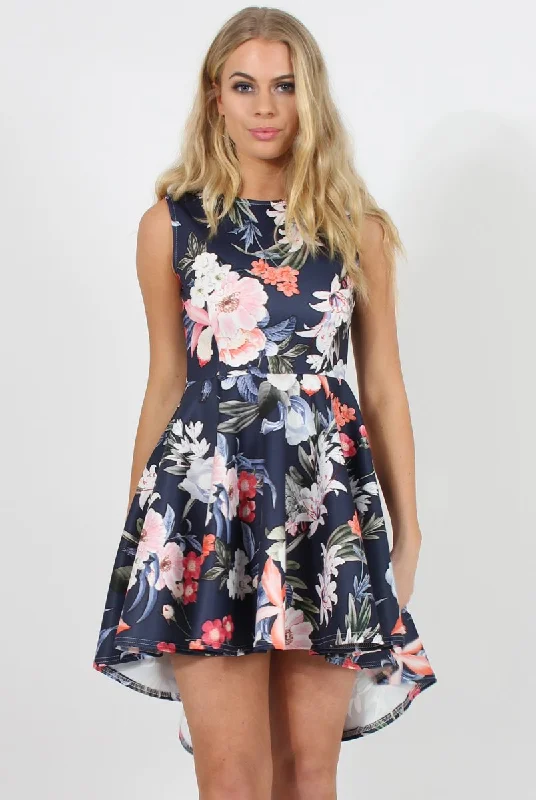 Navy Floral Print Dipped Hem Skater Dress - Lizzie Best floral dresses for casual outings