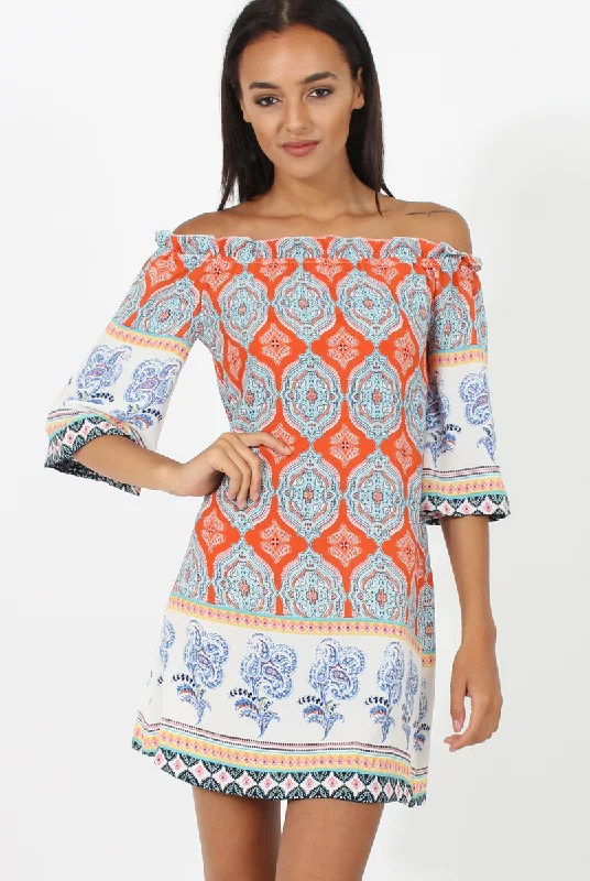 Orange Paisley Print Bardot Frill Trim Dress - Tanya Graduation floral dresses