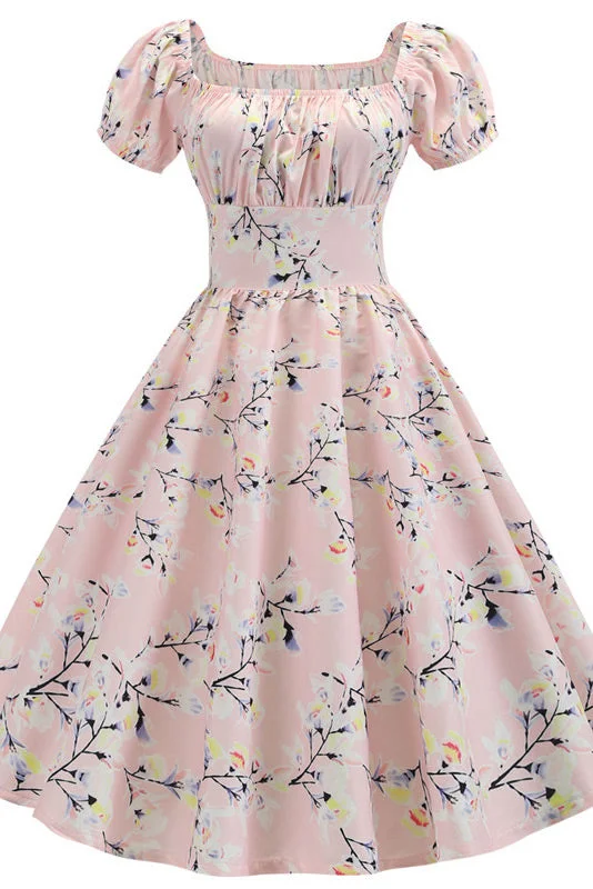 Pearl Pink A-Line Short Sleeve Print Swing Dress Lightweight floral dresses for hot weather