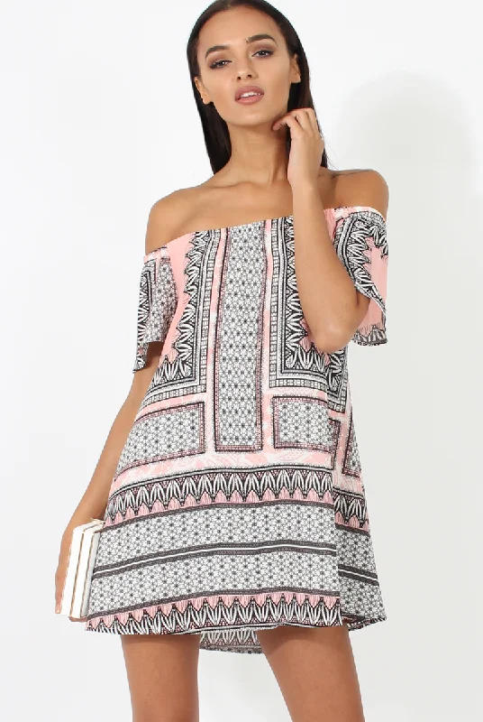 Pink & Black Print Bardot Dress - July Date night floral dresses