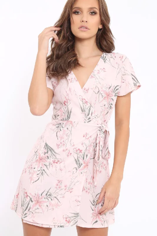 Pink Floral Print Wrap Dress - Norie Minimalist floral dresses