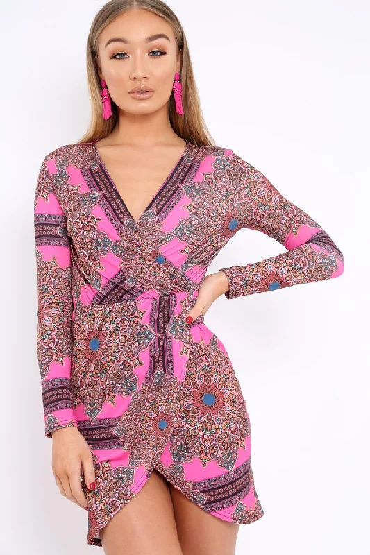 Pink Paisley Print Slinky Wrap Dress - Denise Vacation floral dresses