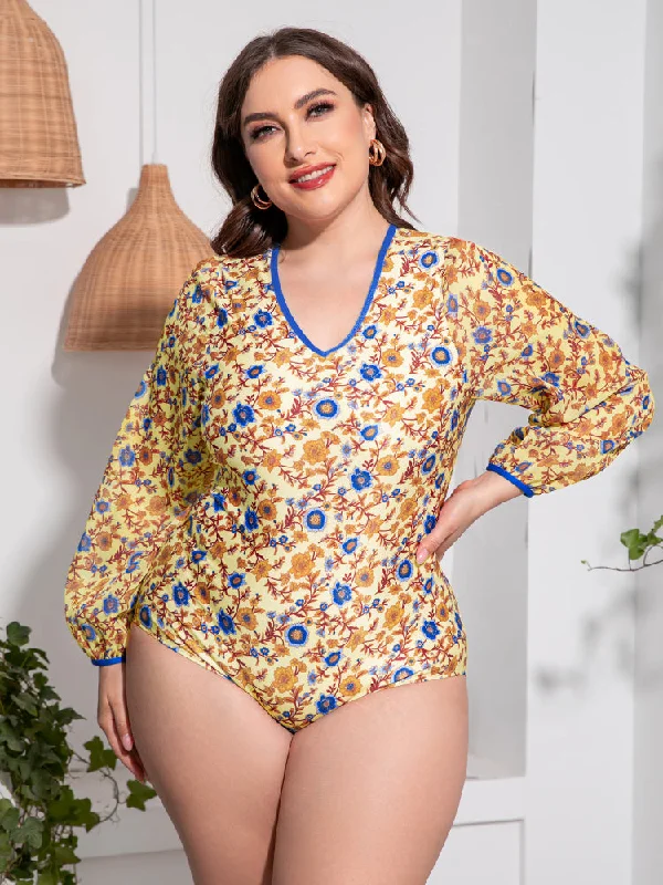 Plus Size Floral Open Back Long Sleeve One-Piece Swimsuit Formal floral dresses