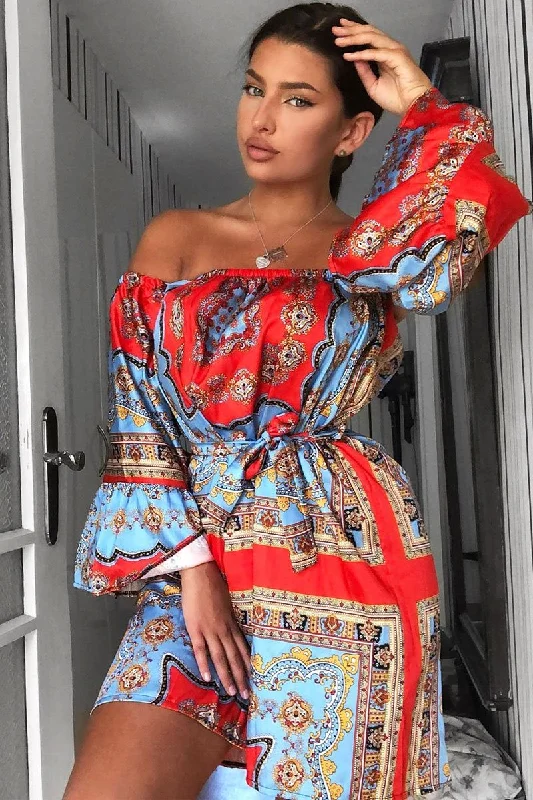 Red Blue Bardot Belted Scarf Print Dress - Kessa Casual floral dresses