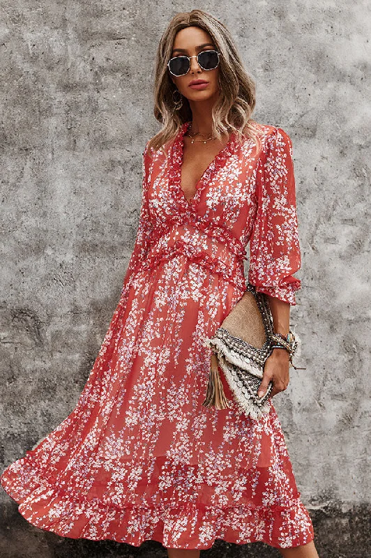 Sexy Long Sleeve Mid-Length V-neck Printed Dress Chic floral dresses