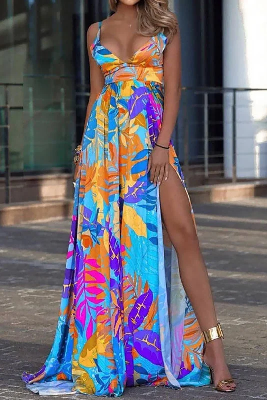 Sexy Print High Slit Evening Dresses Party floral dresses