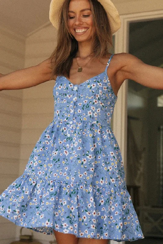 Short Blue Floral Spaghetti Strap A-line Dress Halter floral dresses