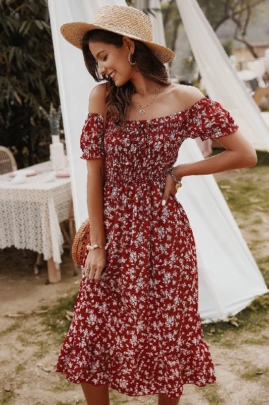 Summer Bohemian Print Off-the-Shoulder Dress Boohoo floral dresses