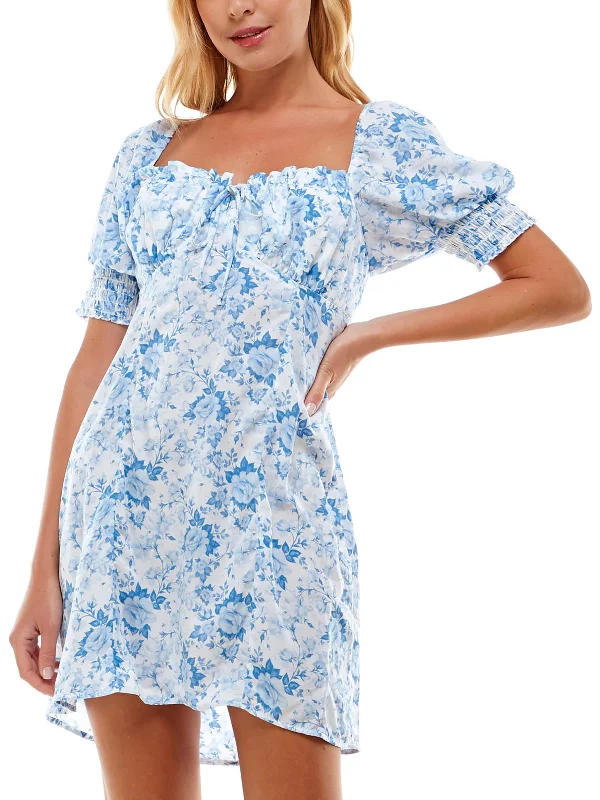 Juniors Womens Puff Sleeve Floral Mini Dress A-line Denim Skirt