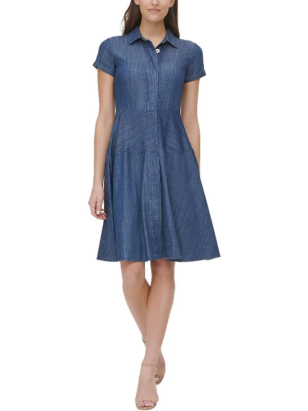 Petites Womens Chambray Short Sleeve Shirtdress High-waist Denim Skirt