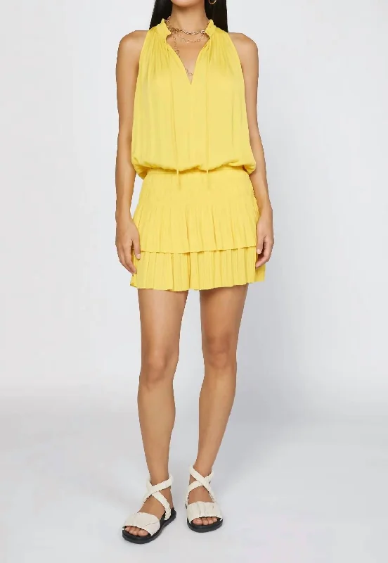 Sleeveless Pleated Mini Dress in Sunny Yellow Floral A-line Skirt