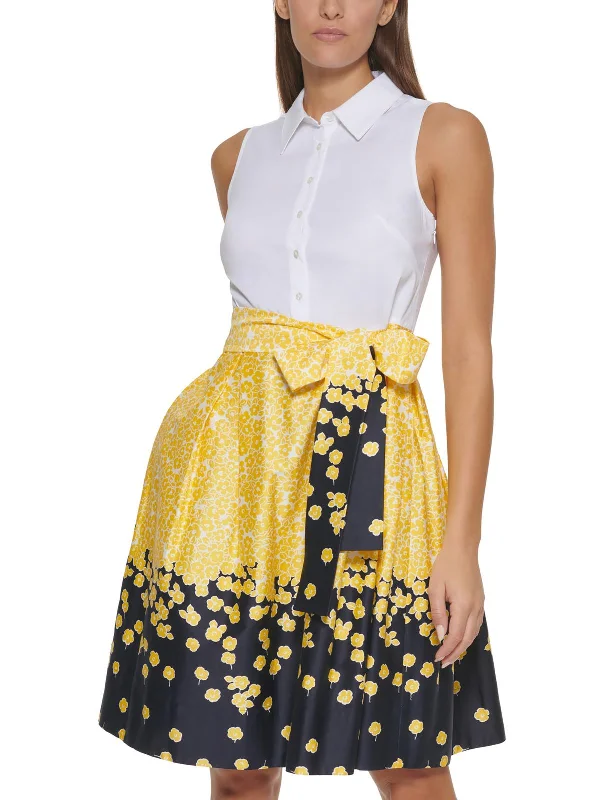 Womens Printed Mini Fit & Flare Dress Chic Denim Skirt