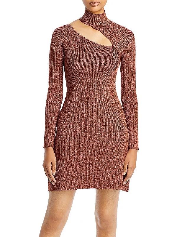 Womens Ribbed Mockneck Mini Bodycon Dress Front Pocket Mini Skirt