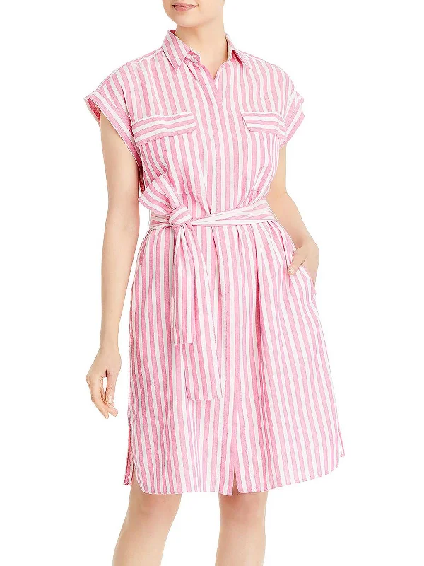 Womens Striped Mini Shirtdress Vintage Pleated Skirt