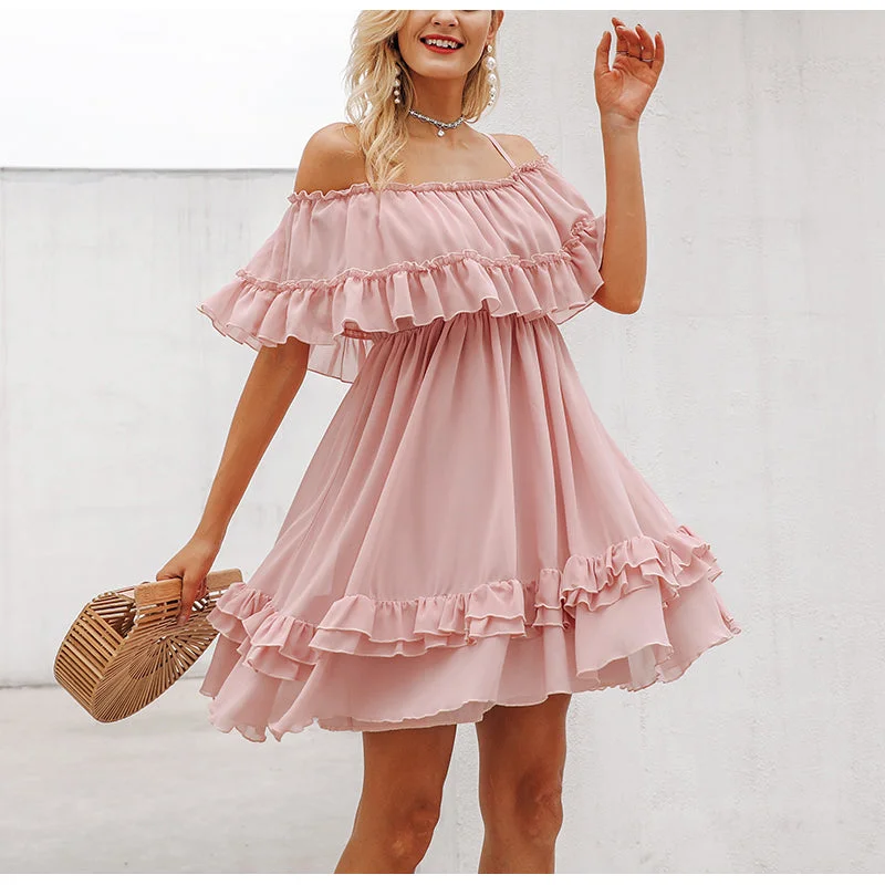 Women's Summer Ruffled Off-Shoulder Strappy Chiffon Short Dress Simple Mini Skirt