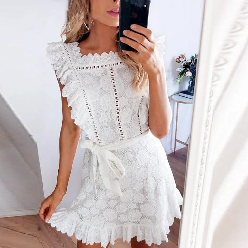 Women's Summer Vintage Ruffled Cotton Lace Short Dress Mini Skirt Dress