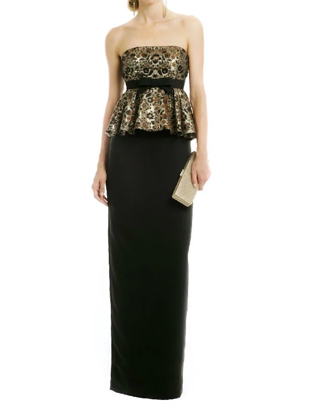 Brocade Peplum Strapless Column Embellished Long Dress In Black/gold Long Floral Skirt