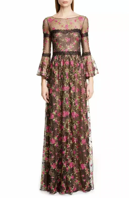 Embroidered Long Sleeve Tulle Dress In Black/pink Midi Maxi Outfit