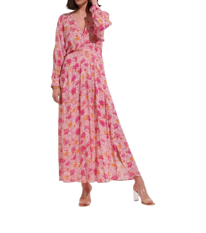 Ilona V Neck Long Dress In Pink Petunia Floral Maxi Skirt