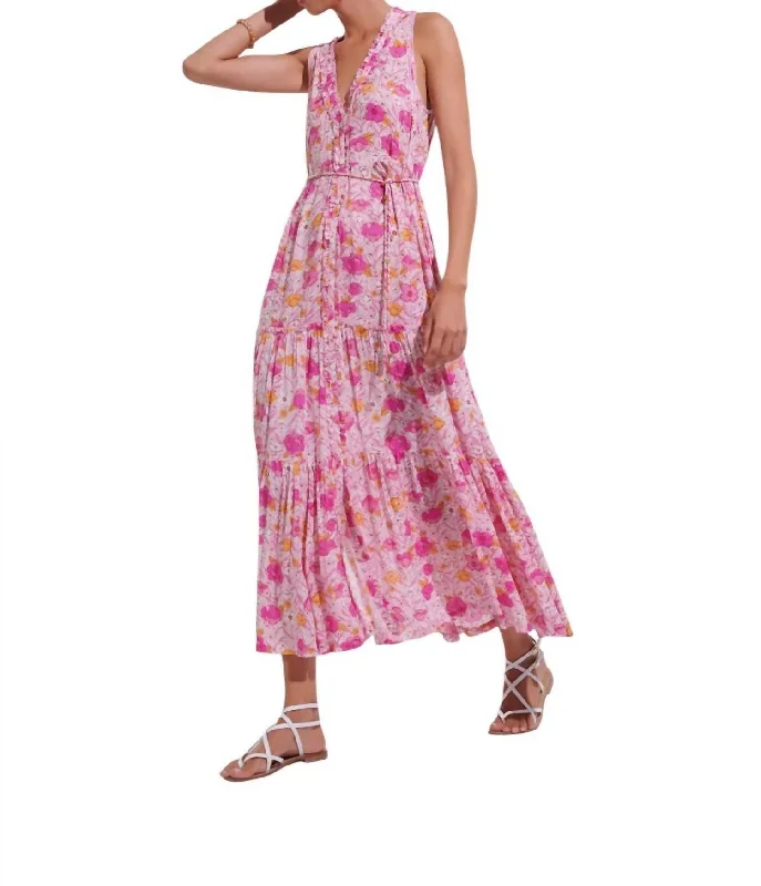 Nana V Neck Long Dress In Pink Petunia Black Maxi Skirt