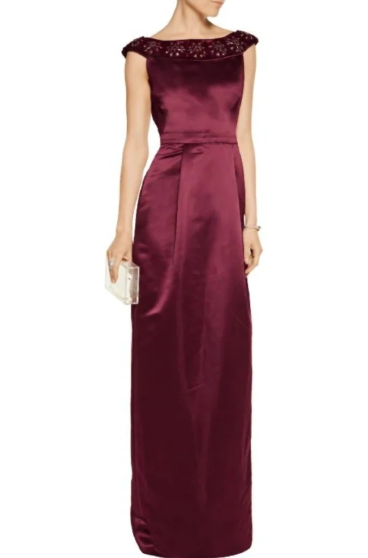 Satin Column Embellished Long Dress In Burgundy Boho Chic Maxi