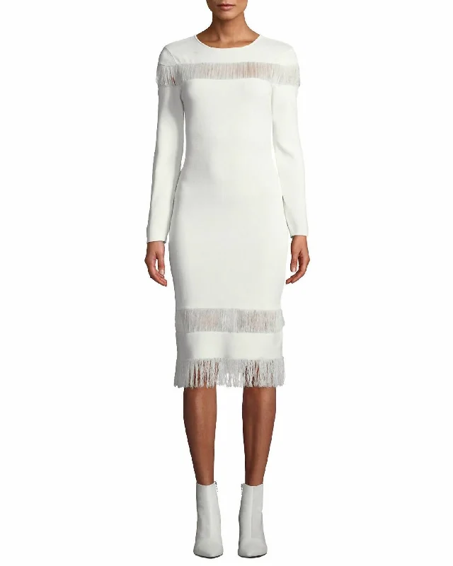 Seraphina Fringe Knit Long Sleeve Dress In White Bold Maxi Skirt