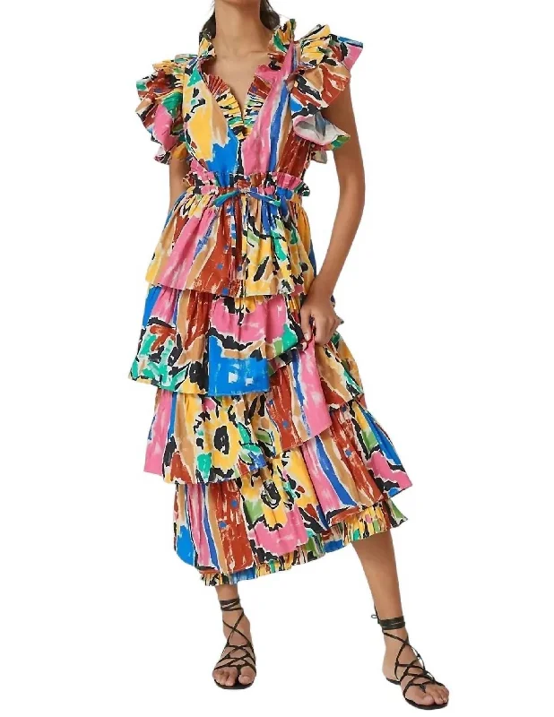 V Neck Ruffle Maxi Dress In Multicolor Maxi Skirt Party