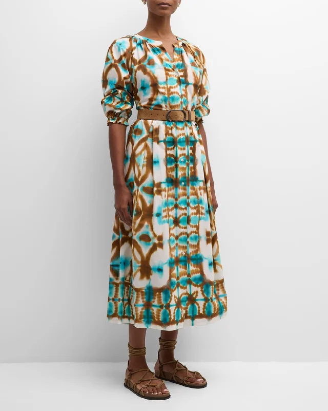 Cande Raglan-Sleeve Tie-Dye Midi Shirtdress Knit Midi Skirt