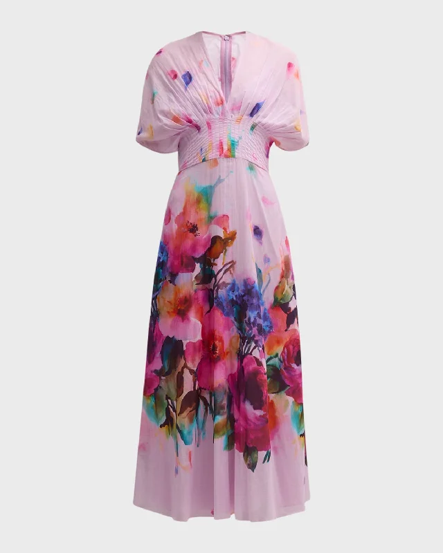 Isabel Watercolor Floral-Print Short-Sleeve Pleated-Waist Midi Dress Casual A-line Skirt