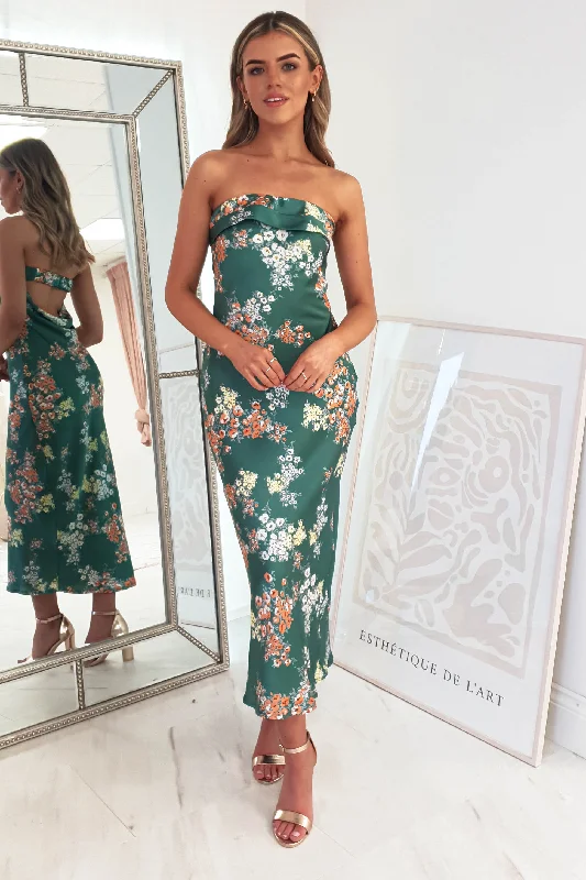 Kristen Strapless Satin Midi Dress | Green Print Printed Midi Outfit