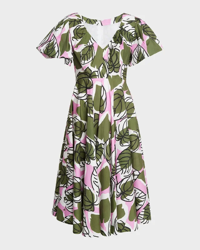 Leaf-Print Puff-Sleeve Fit-&-Flare Midi Dress Silk Midi Skirt