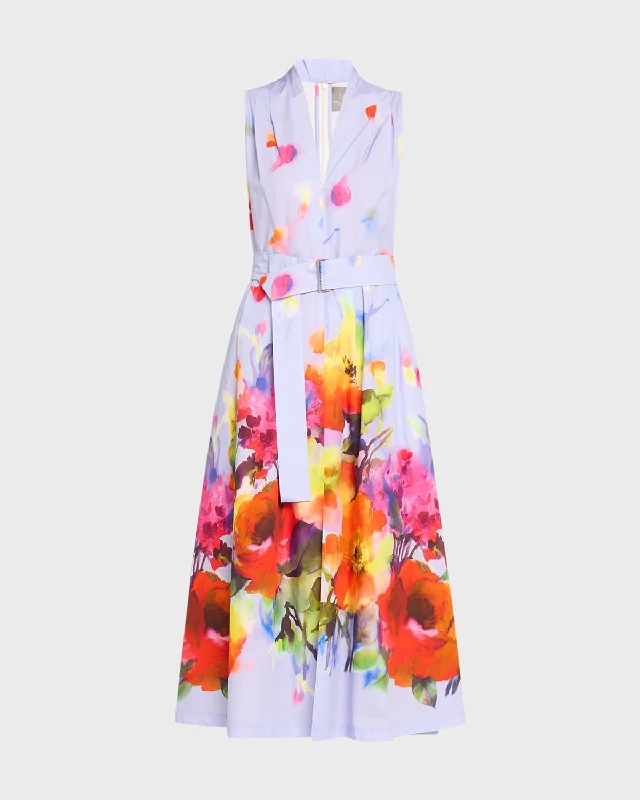 Margot Belted Floral Print Midi Dress Soft Wool Midi