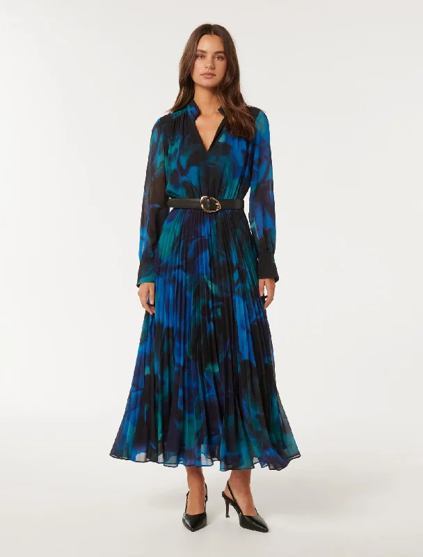 Skyla Pleated Long Sleeve Midi Dress Warm Midi Skirt