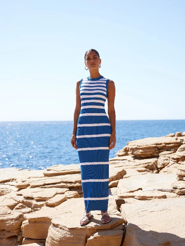 Blue Stripe Sleeveless Knitted Dress A-line unclassified dresses