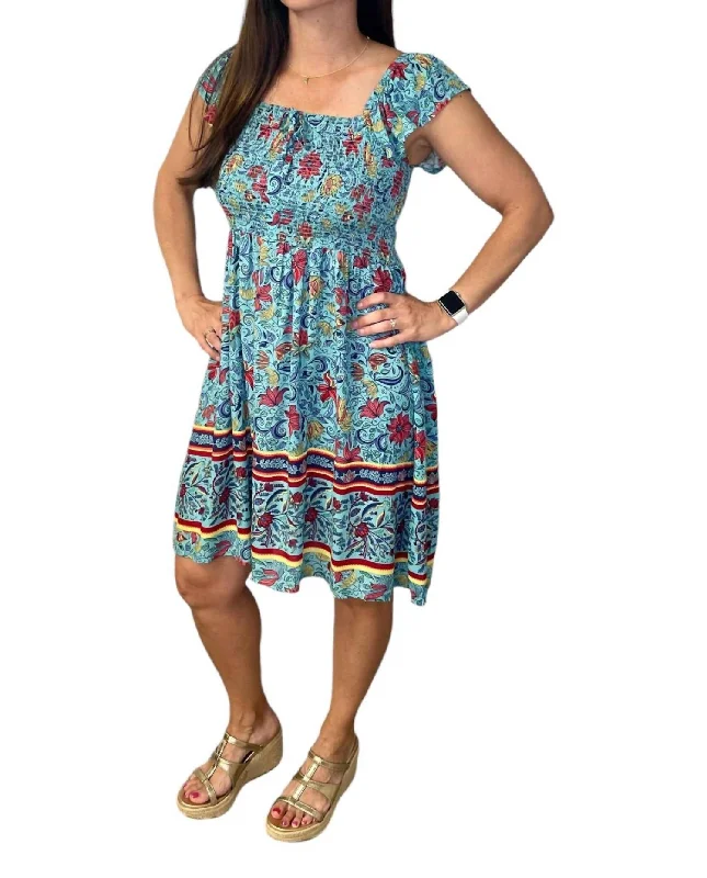 Border Print Smocked Dress In Multicolor Lounge unclassified dresses