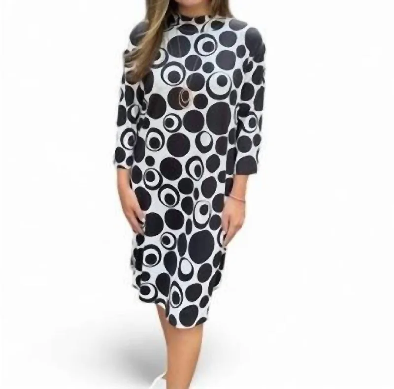 Circle Print Mock Neck Dress In Black/white Dark color unclassified dresses