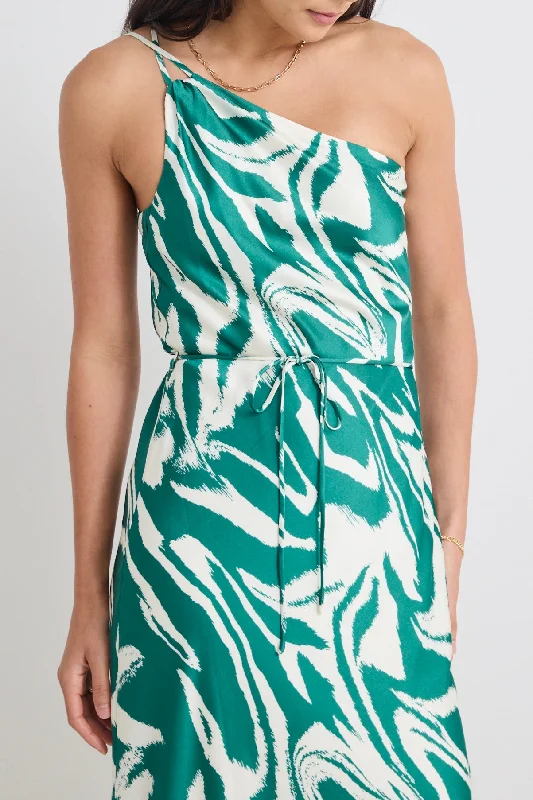 Fame Green Zebra Satin One Shoulder Bias Slip Dress Trendy unclassified dresses