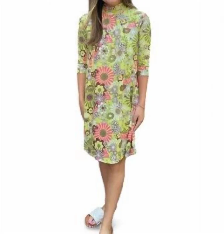 Flower Power Mock Neck Dress In Green Multi Long sleeve unclassified dresses