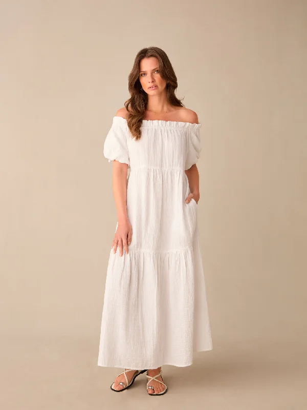 Petite White Off Shoulder Cheesecloth Dress Boho unclassified dresses