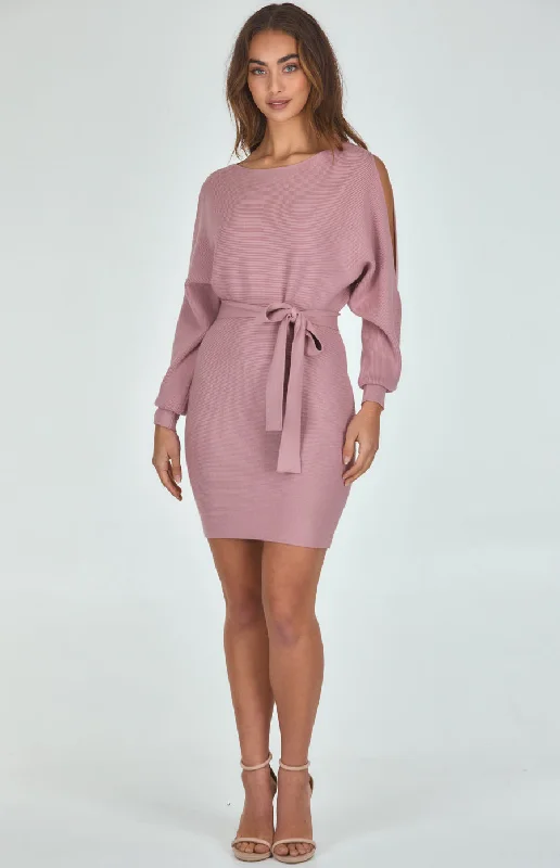 Boat Neckline Knit Dress With Cut Out Sleeve Detail Flowy unclassified dresses