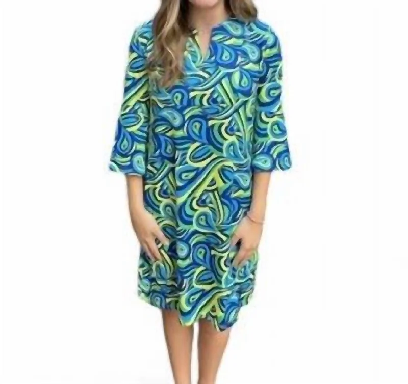 Swirl Print Dress In Blue, Green And Yellow Smocked unclassified dresses