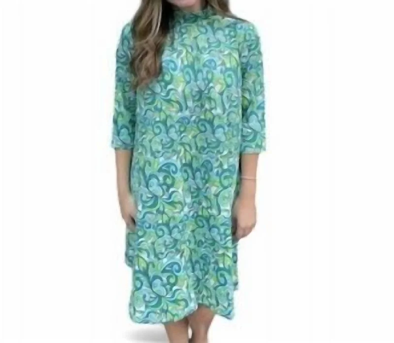 Swirl Print Moc Neck Dress In Blue/green Off-shoulder unclassified dresses